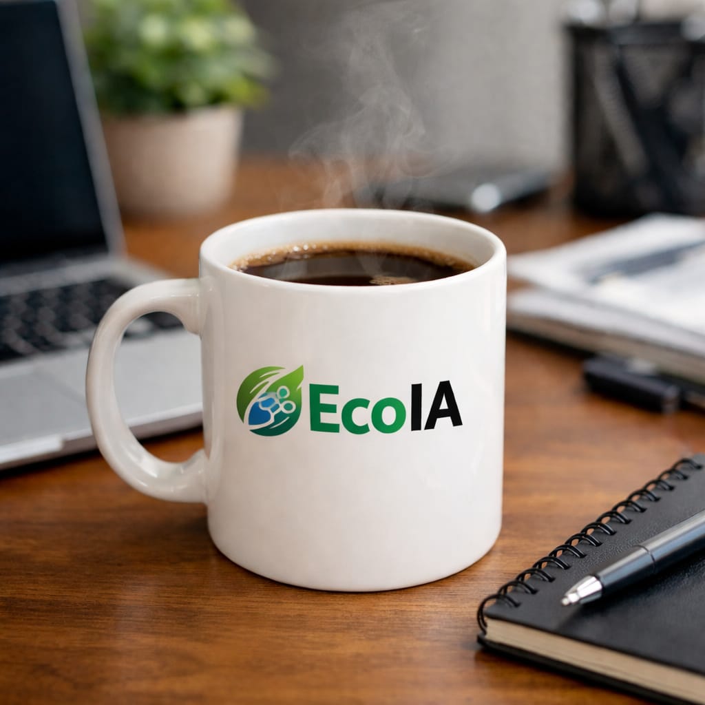 Mug with the EcoIA logo on a desk