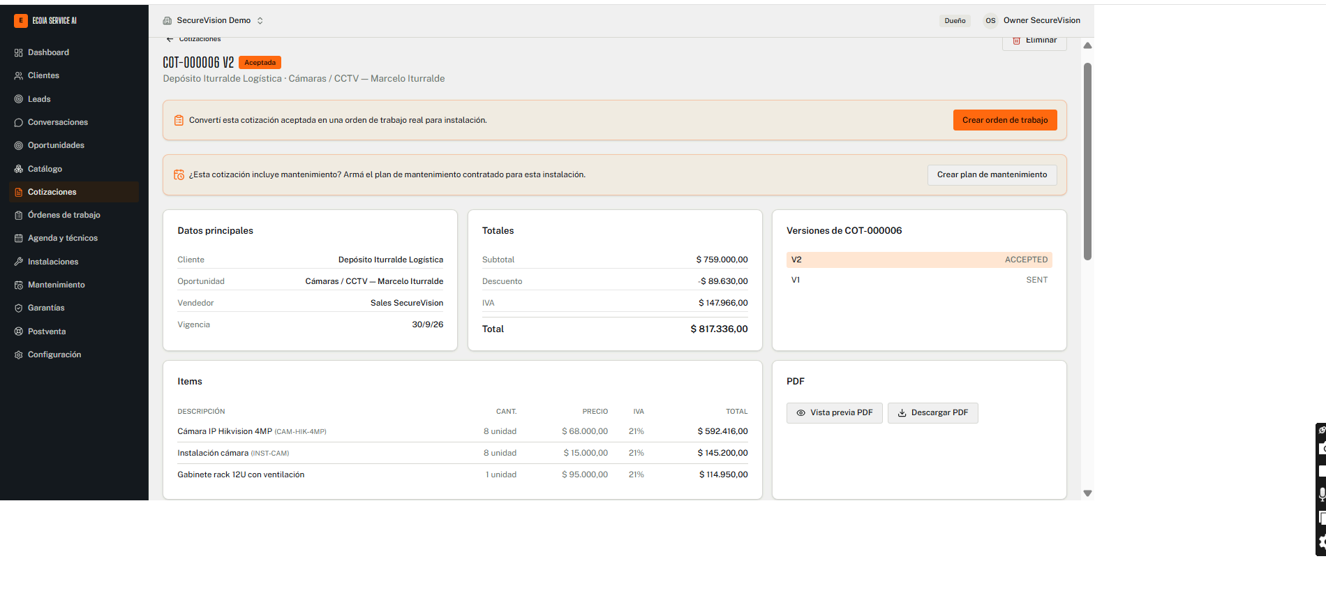 Cotización aceptada con totales, versiones e ítems y exportación a PDF
