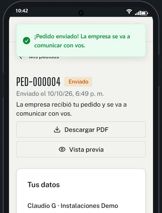 Pedido enviado + PDF