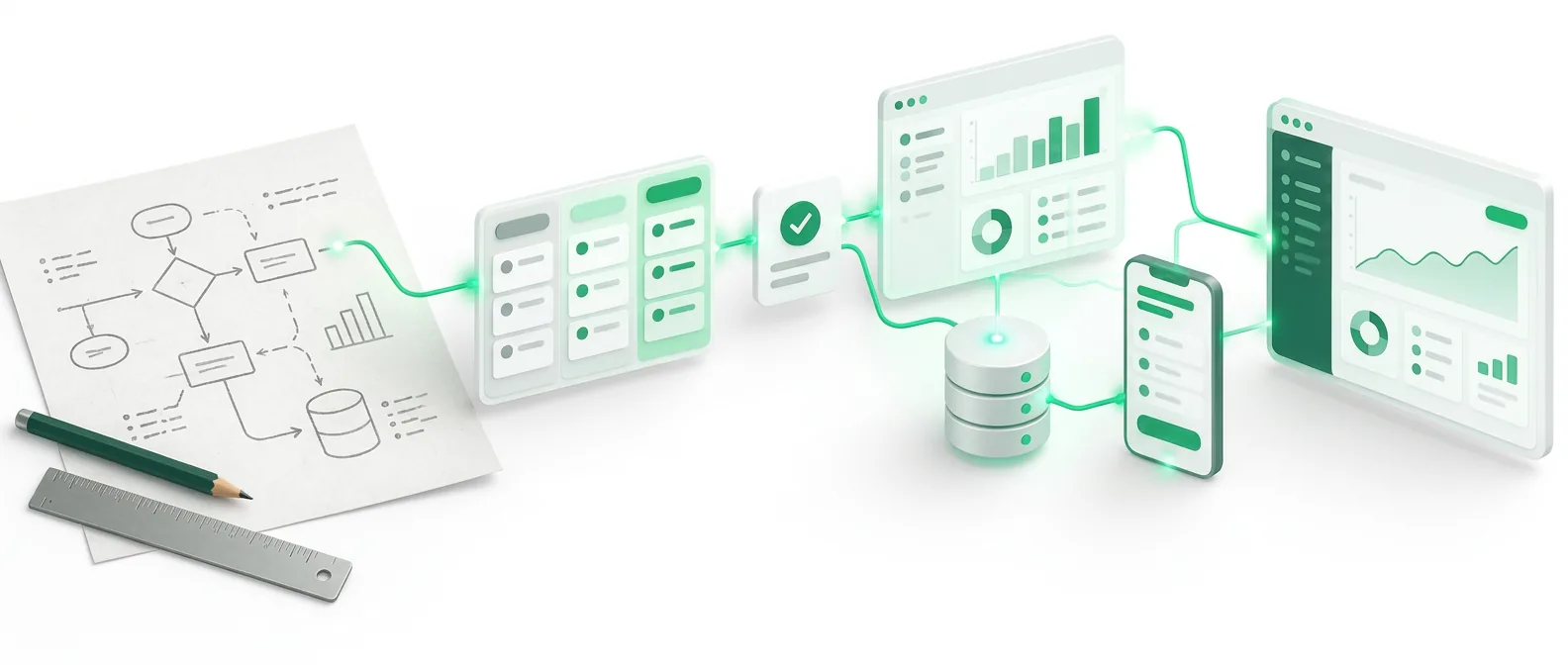 De un plano dibujado a mano a un sistema funcionando: software a medida con tableros, aprobaciones, base de datos y app móvil
