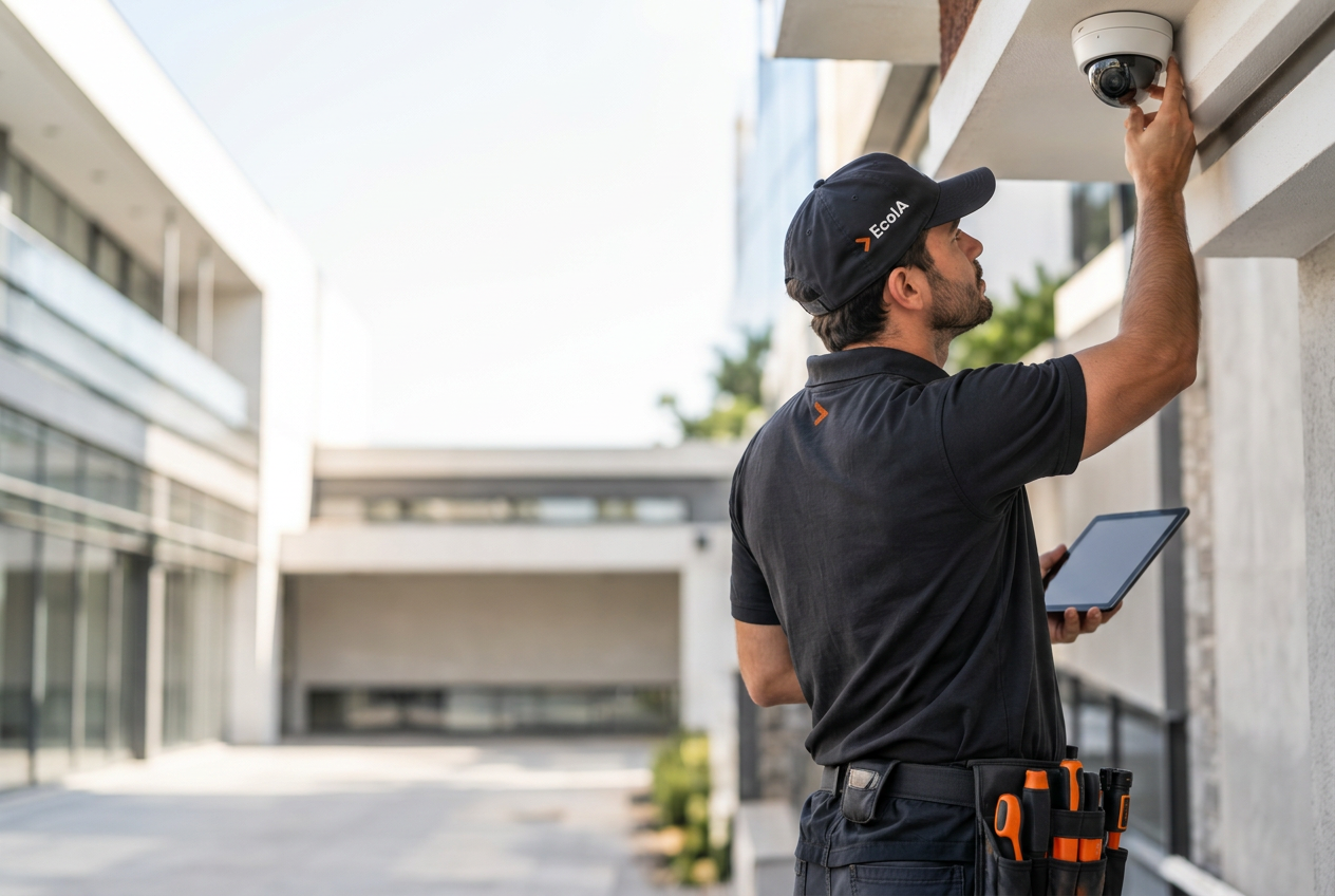Técnico de seguridad instalando una cámara